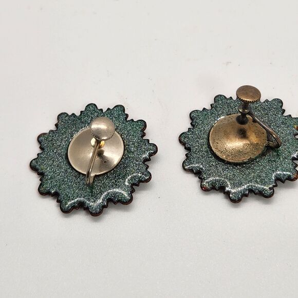 1950s Copper Enamel Clip On Earrings Retro Starburst Geometric Shape Glass Frit - Picture 7 of 9